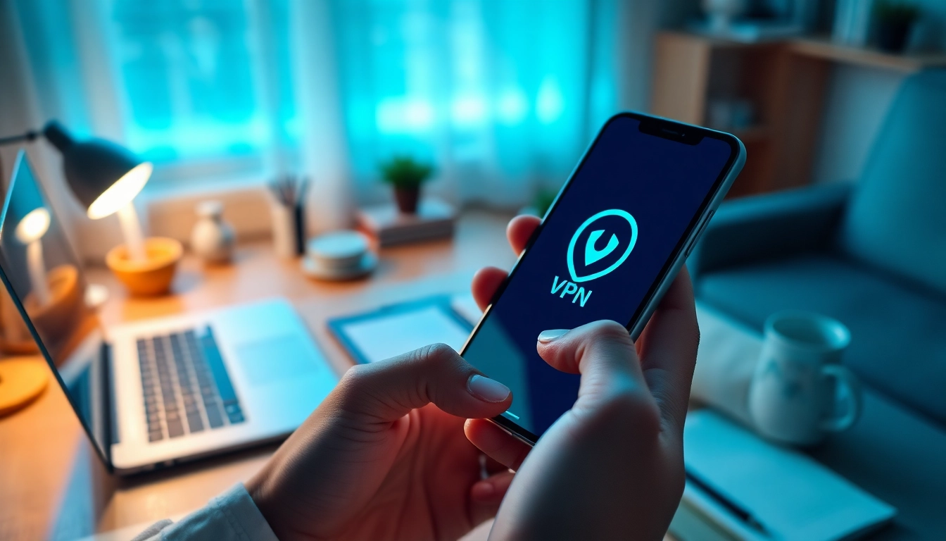 快连官网 VPN application interface displayed on a smartphone in a cozy home office setting, emphasizing user-friendliness and security.