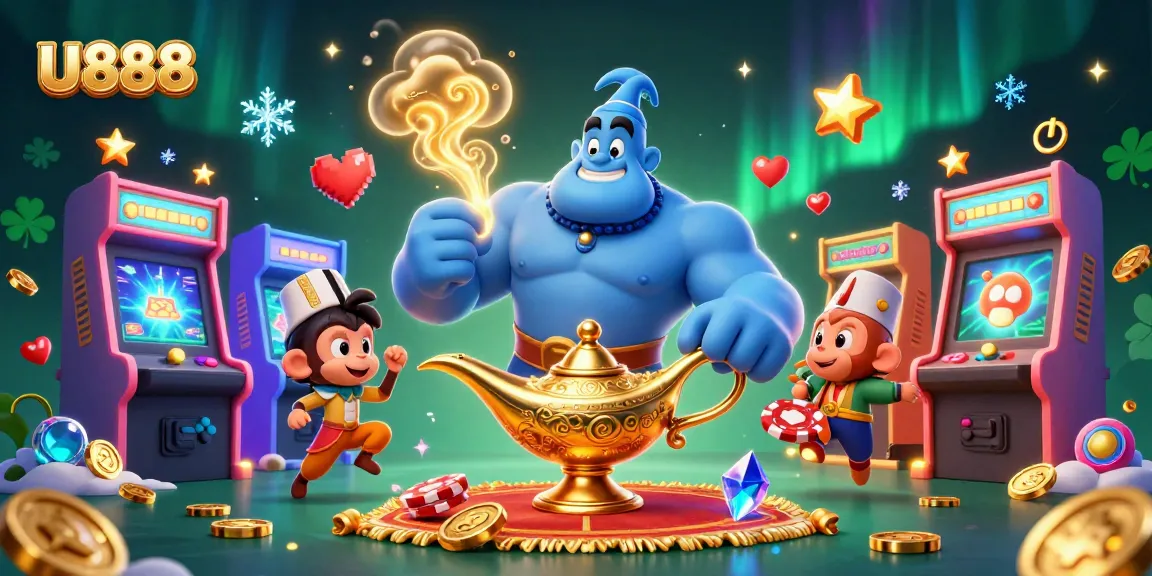 Experience U888's thrilling adventure with a cartoon genie, poker chips, and vibrant gaming elements!