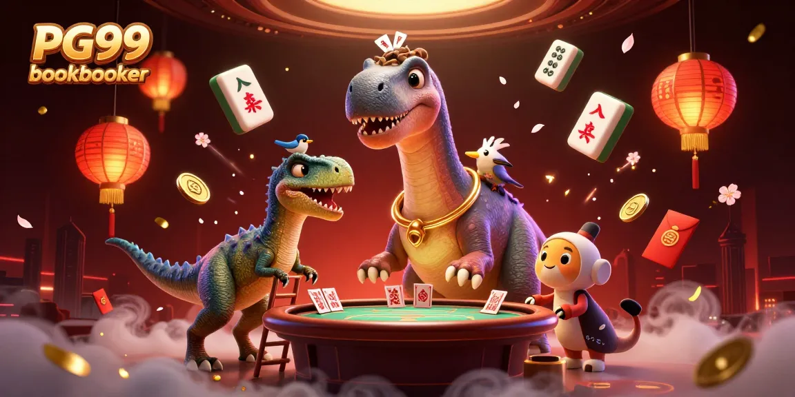 Experience thrilling action at PG99 bookmaker with a giant brontosaurus and raptor dealer amidst casino excitement.
