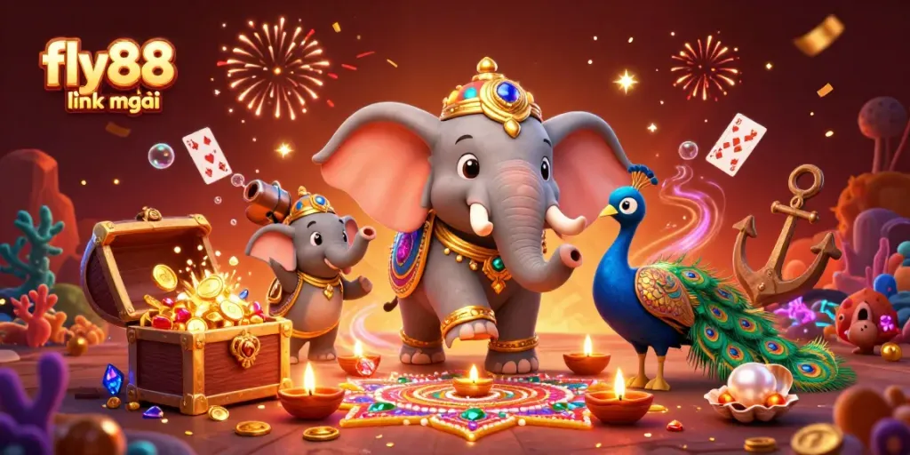 Engage with fly88 link mới, featuring a vibrant 3D scene with elephants and treasure.