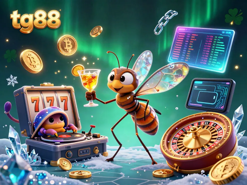 Join tg88 in a vibrant casino scene as a frozen mosquito mascot with golden cocktail spins slot jackpot reels amidst Bitcoin coins and holographic displays.