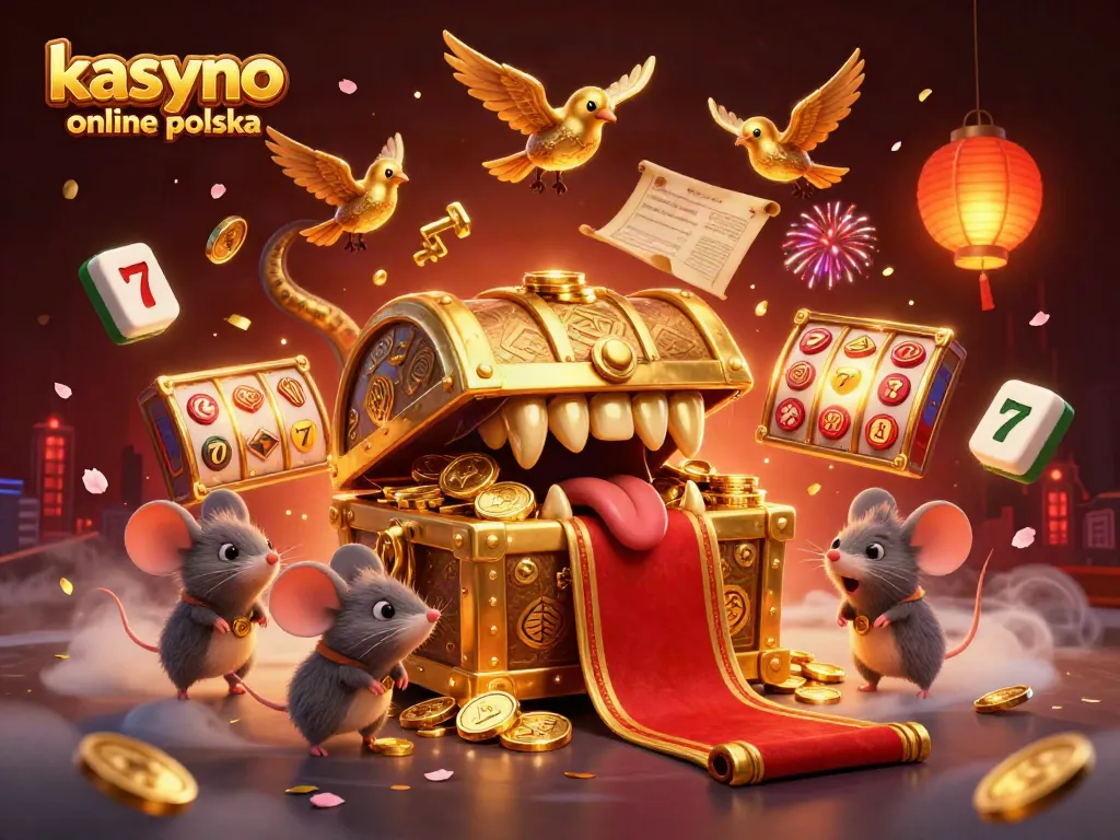 Immerse in kasyno online polska with a vibrant 3D casino scene showcasing treasure chests and slot reels.