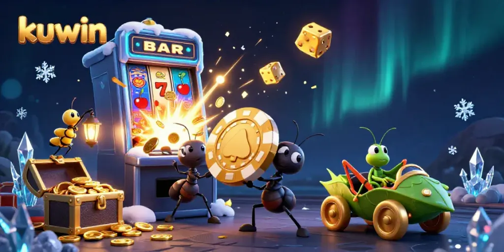 Kuwin-themed illustration featuring ants, a grasshopper, and gaming elements, symbolizing casino excitement.