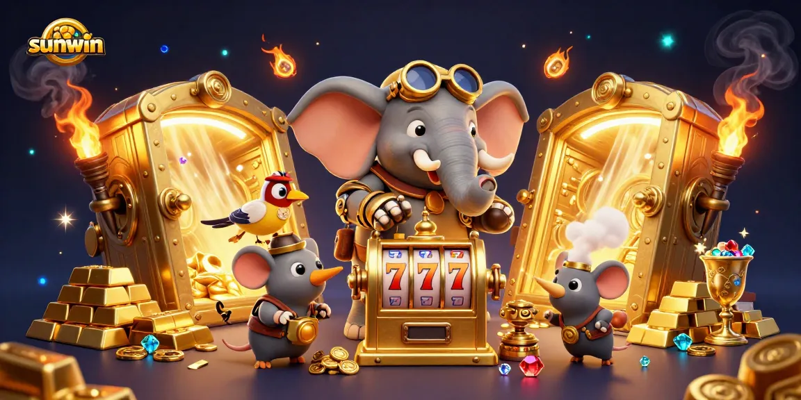 Experience sunwin's thrilling slot action with a steampunk elephant engineer, gleaming treasures, and dynamic gaming elements.