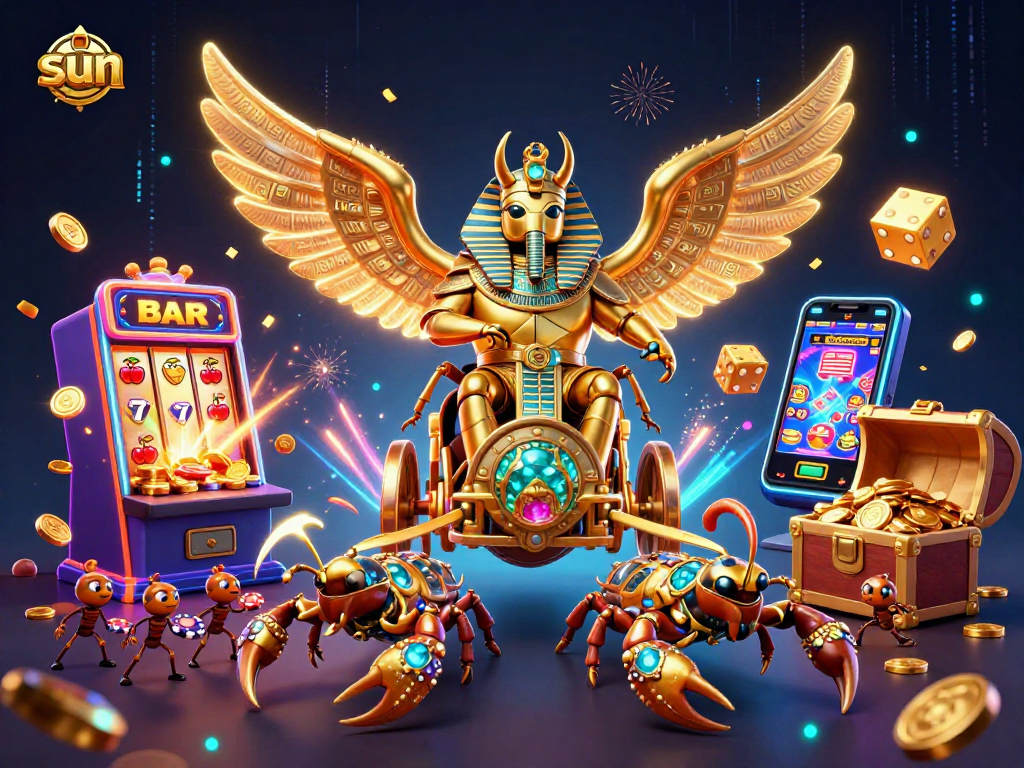 Sun-themed casino illustration showing exciting slot games and a golden scarab beetle.