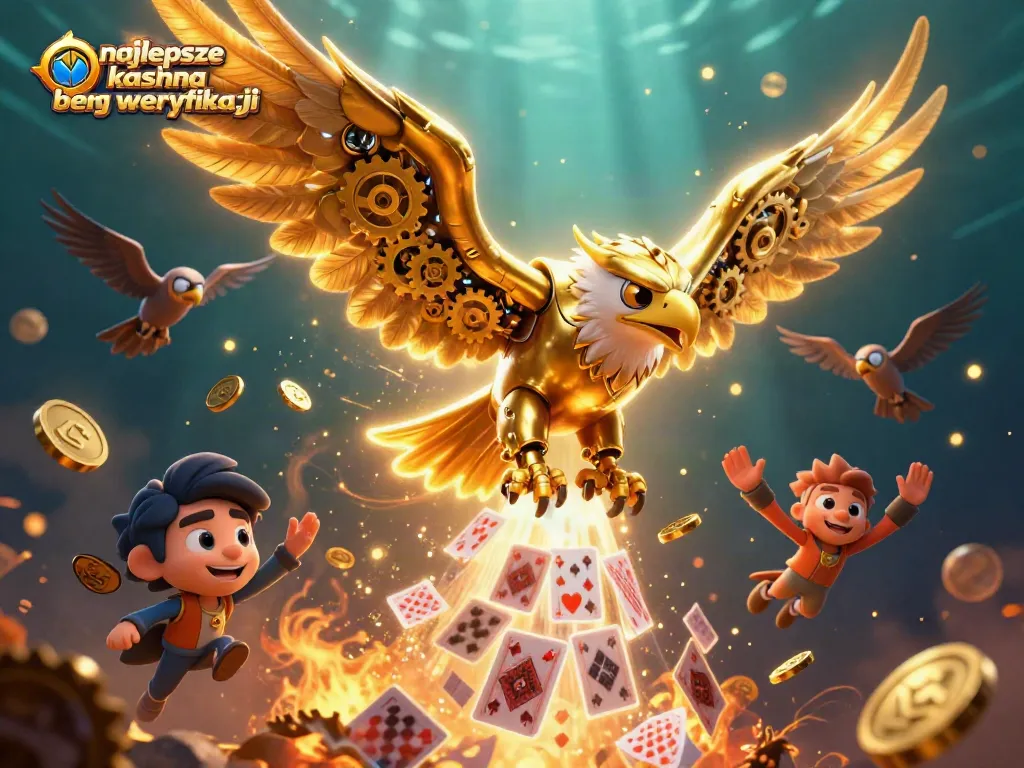 A dynamic scene depicting najlepsze kasyna bez weryfikacji with a golden eagle diving through holographic cards, filled with vibrant gaming elements.