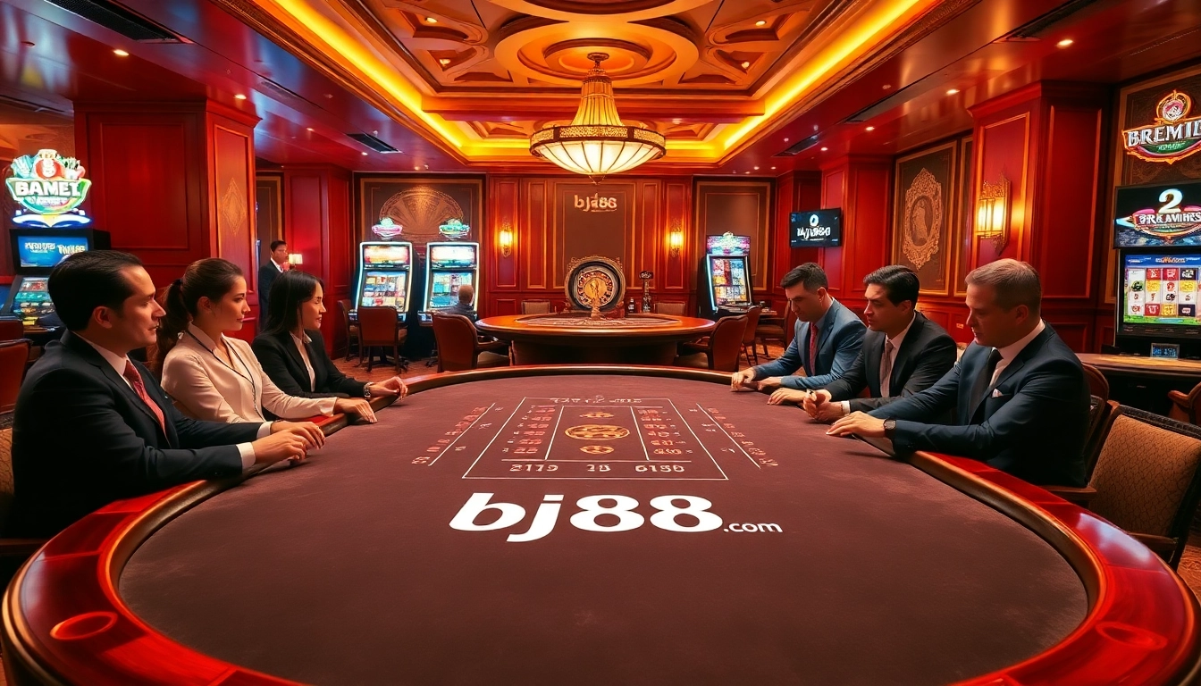 Players engaging at a blackjack table in a luxurious casino environment, highlighting bj88 com for online gambling.