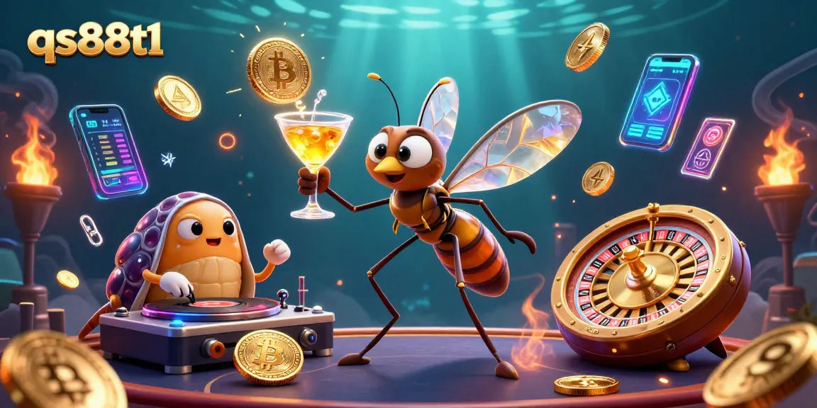 Engage with qs88t1's vivid casino scene featuring a lively mosquito mascot and trilobite DJ.