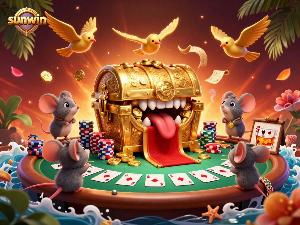 Experience sunwin's dynamic poker scene with adventurer mice and a treasure chest, rich in entertaining details.