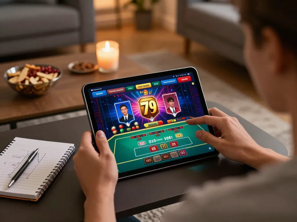 Engaging online gaming with fun79 on a tablet while enjoying a cozy home atmosphere