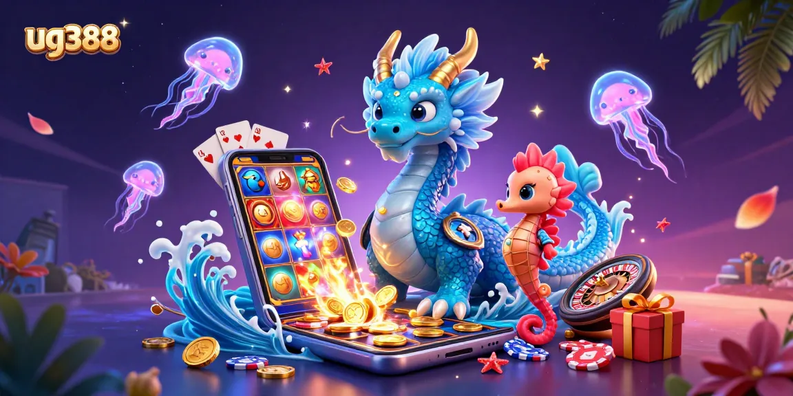 Engage with the magical world of ug388, showcasing a vibrant casino scene with a dragon and seahorse amid jackpot dreams.