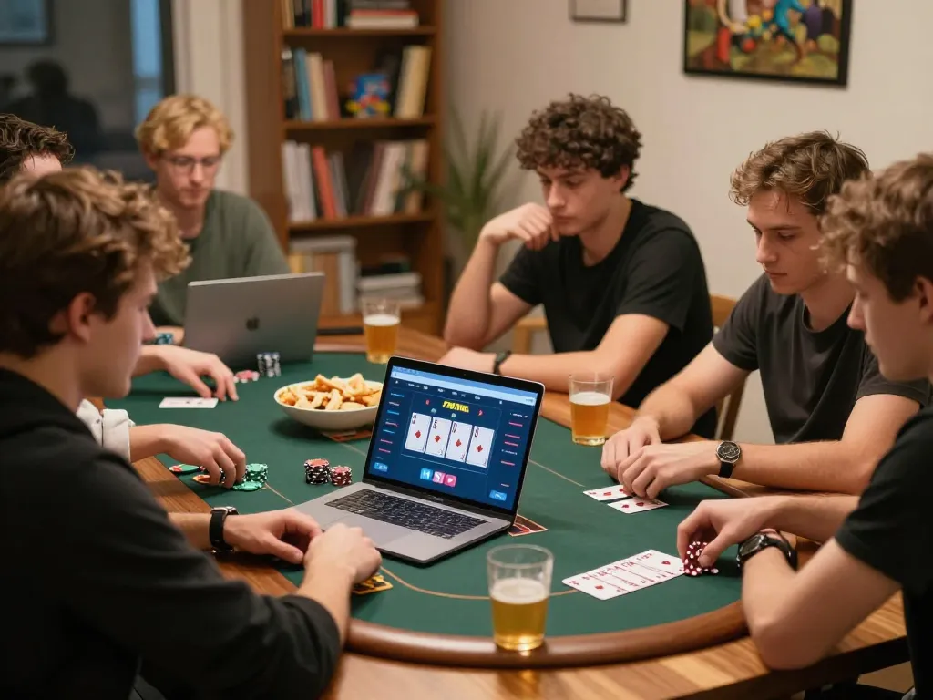 Players enjoying online poker on 79KING app during a cozy home game night.