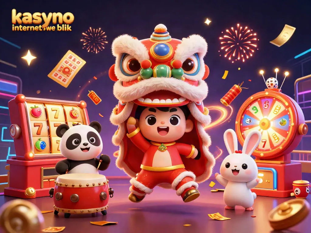 Engaging scene capturing kasyno internetowe blik excitement with lion dance, colorful slot reels, and festive elements.