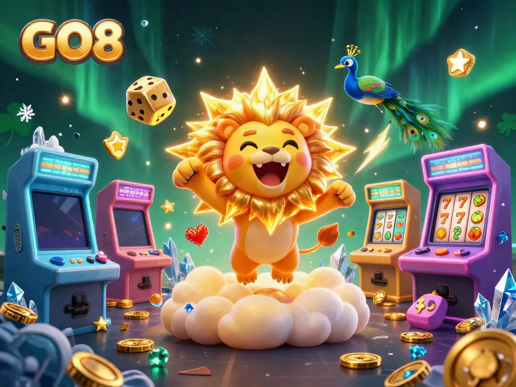 Experience thrilling wins at GO8 with vibrant casino elements in a lively 3D scene.