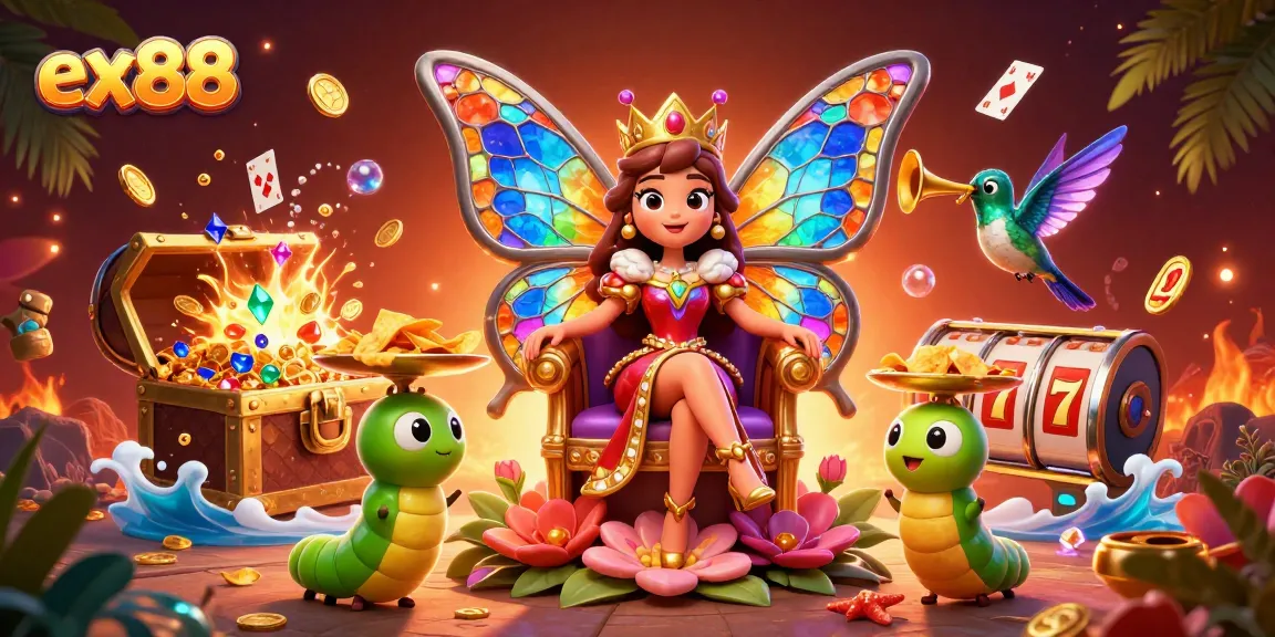 Play and win at ex88 with a vibrant 3D casino fantasy scene featuring colorful characters and dynamic game elements.