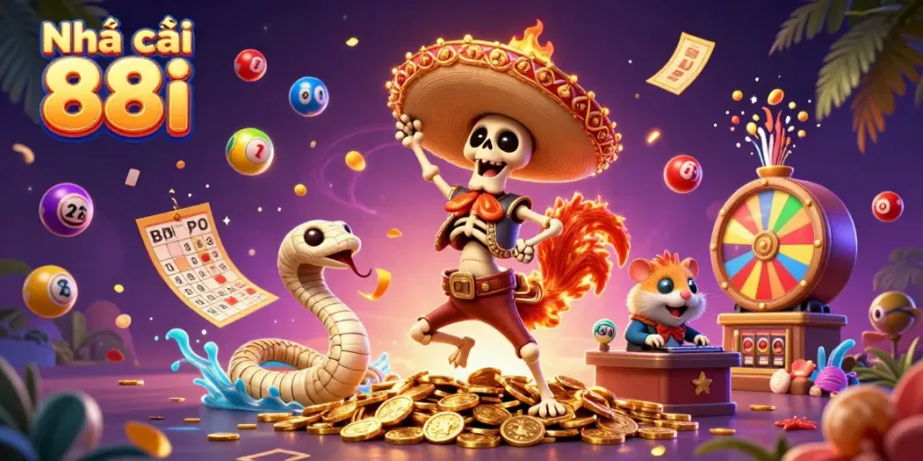 Experience the excitement at Nhà cái 88i with vibrant casino elements and lively characters celebrating