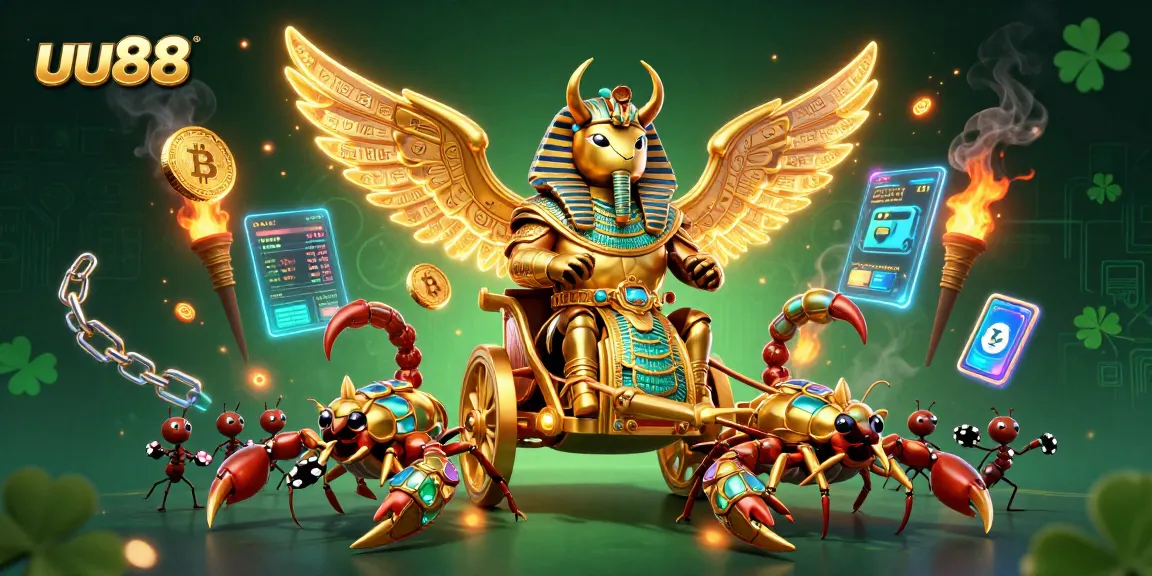 Experience excitement at uu88 with an intricate scene of a golden beetle and scorpions amidst lively gaming elements.