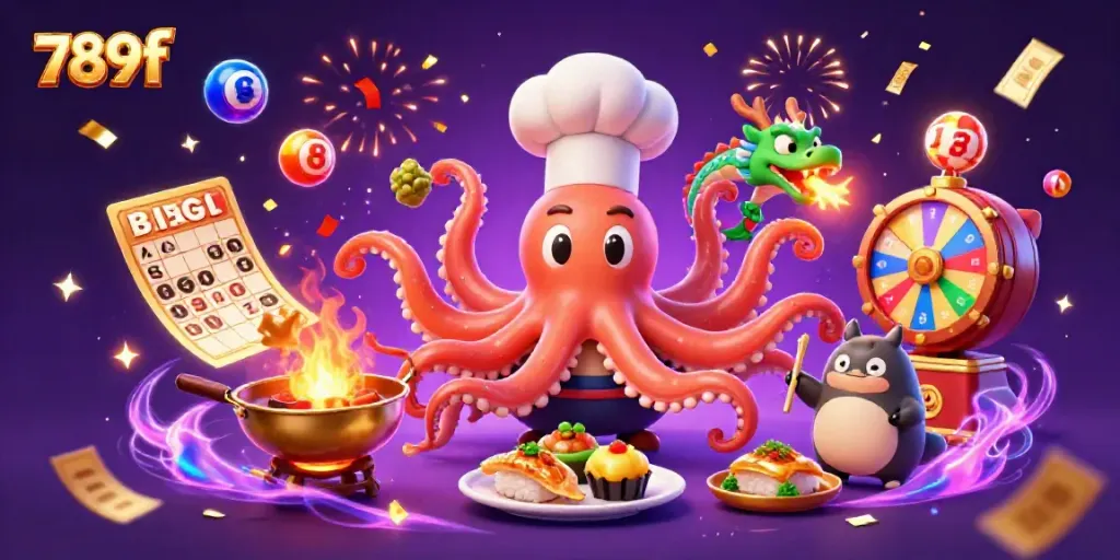 Engage with the vibrant world of 789f, featuring a chef octopus and magical dragon in a colorful casino atmosphere.