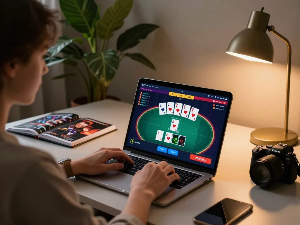 Engage in online gambling with 678vip on a laptop at a cozy home workspace.