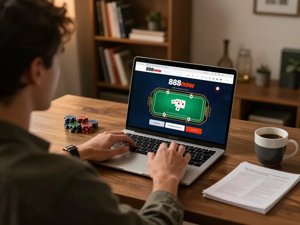 Player engaged with the 888now online platform while strategizing in a cozy home office.