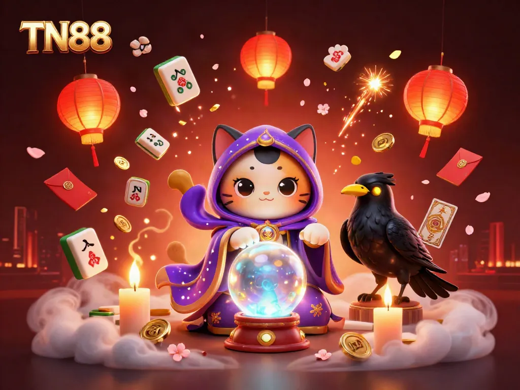 Experience immersive TN88 casino gaming with a mystical cat, a raven, and vibrant game elements.