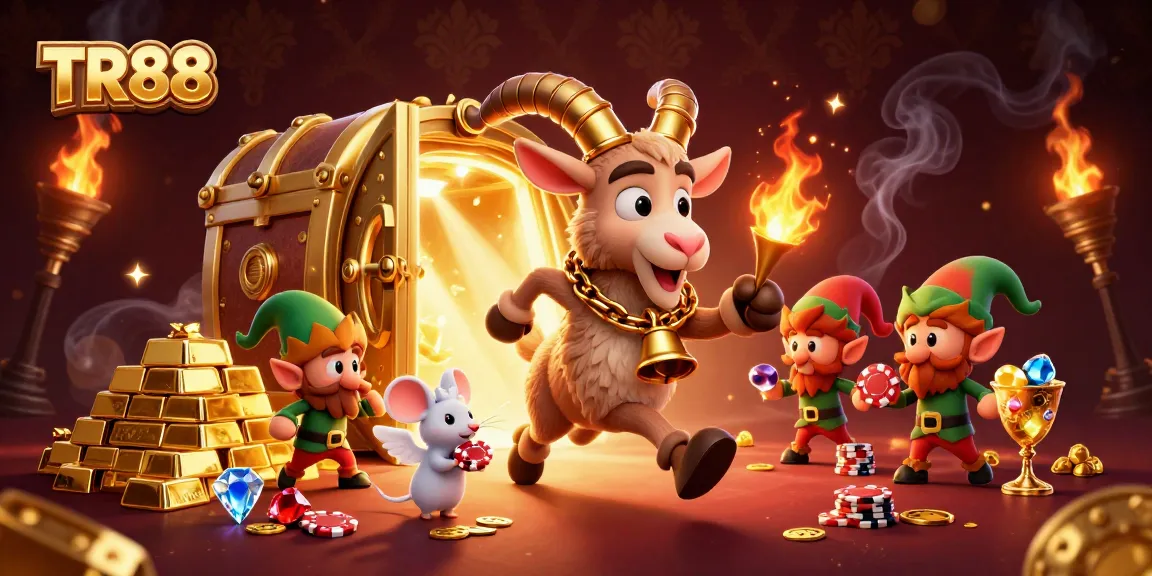Experience thrilling action at TR88 with a festive casino scene featuring lively characters and golden treasures.