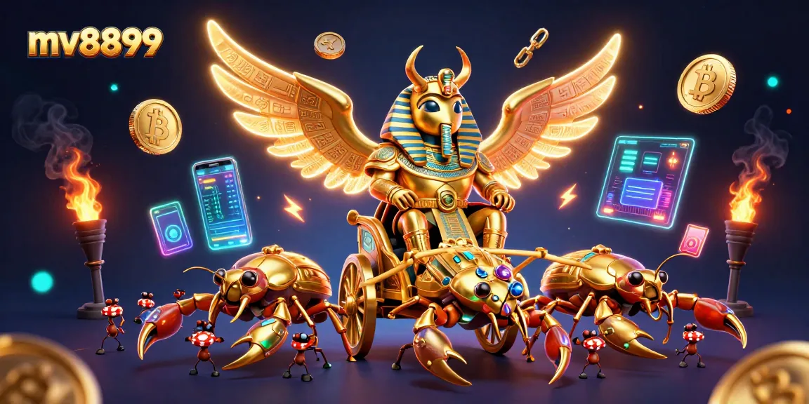 Experience mv8899 with a vibrant 3D illustration showcasing gaming excitement and cryptocurrency elements.