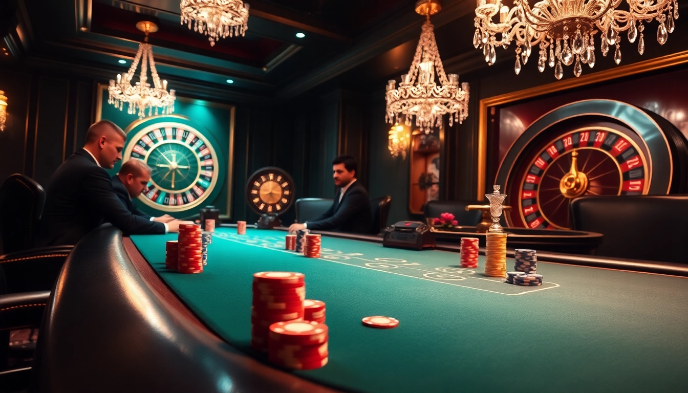 VIPwin gaming experience with luxurious poker table, chips, and roulette in elegant casino
