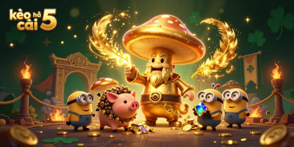 Engage in thrilling moments with kèo nhà cái 5 featuring a magical mushroom wizard and golden treasures, in an immersive betting atmosphere.