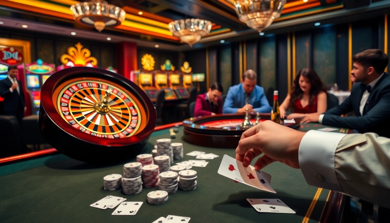 TR88 casino scene with players betting on roulette and poker, showcasing excitement and luxury.