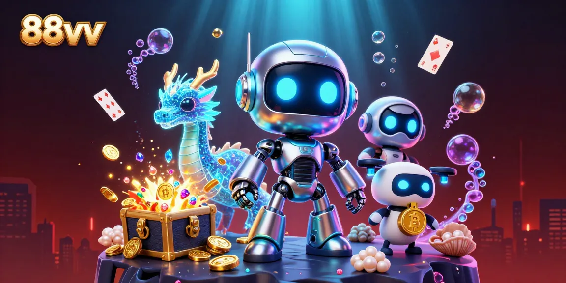 Engage with the vibrant 88vv scene featuring a cyberpunk robot and treasure, emphasizing digital casino excitement.