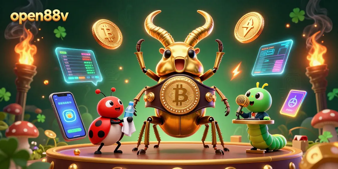 Engage in thrilling games at open88v with a vibrant 3D illustration of crypto coins, a boxing beetle, and lively characters.