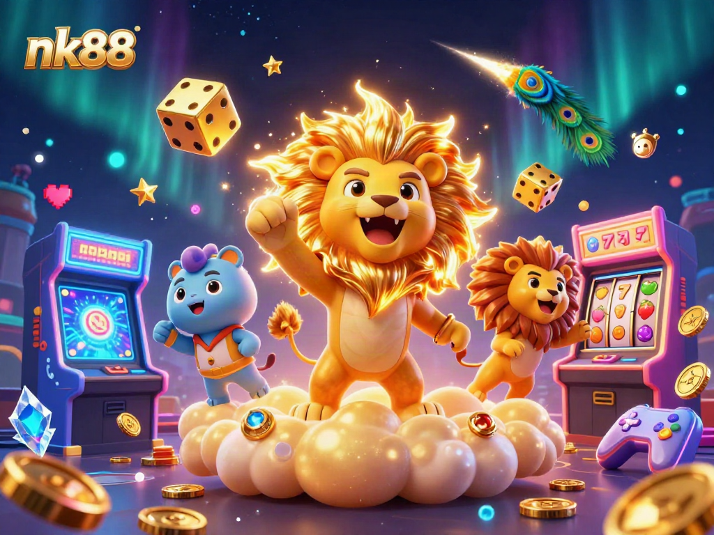 Join the nk88 slots adventure featuring a roaring sun lion amidst vivid casino elements.