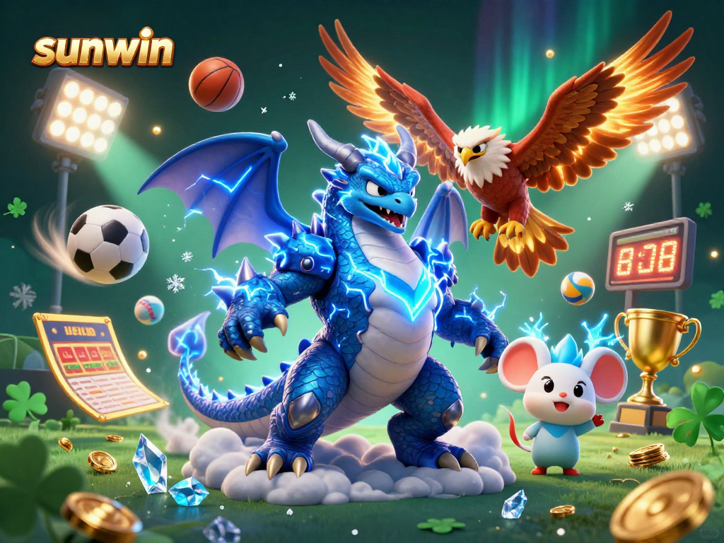 Engage in thrilling sports betting with sunwin, showcasing a dynamic 3D scene of characters amidst vibrant gaming elements.