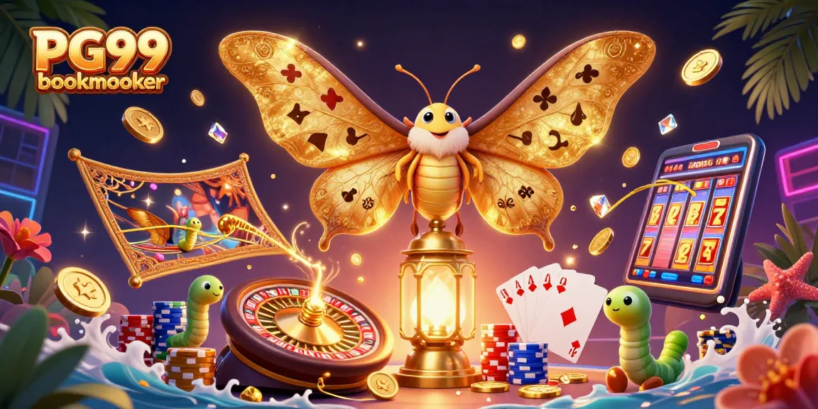 Engage with the PG99 bookmaker featuring vibrant 3D casino elements and a mesmerizing moth.