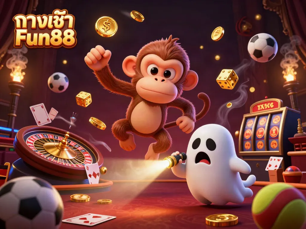 Engage with the vibrant atmosphere of ทางเข้า Fun88, featuring a playful ghost-hunter puppy and a mischievous monkey juggling golden items in a dynamic casino setting.