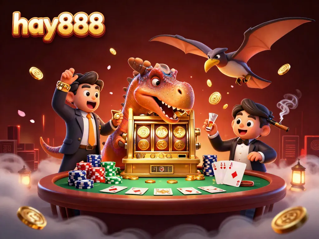 Experience the excitement of hay888 as a dinosaur unlocks jackpot coins from a slot machine in a vibrant casino scene.