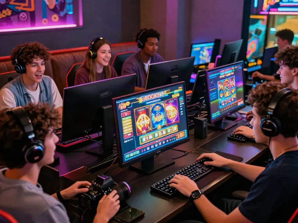 Players enjoying rokok88 slot login experience in a vibrant gaming lounge