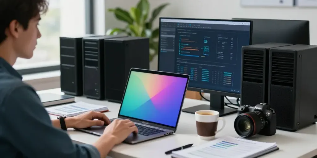 Focused developer managing WordPress hosting in a modern workspace