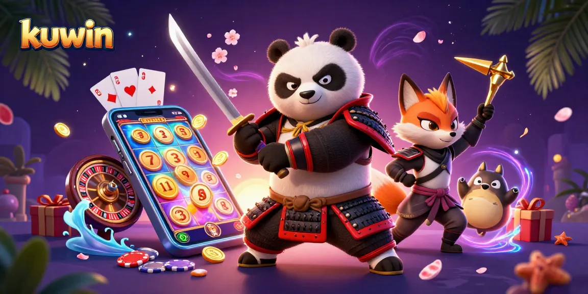 Kuwin players engaging with an exciting slot game featuring a samurai panda and ninja fox in a vibrant casino scene.