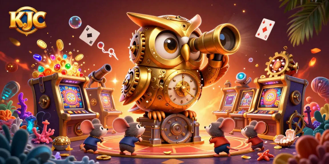 KJC propels players with engaging strategies amid a lively casino scene featuring the golden owl and dynamic game elements.