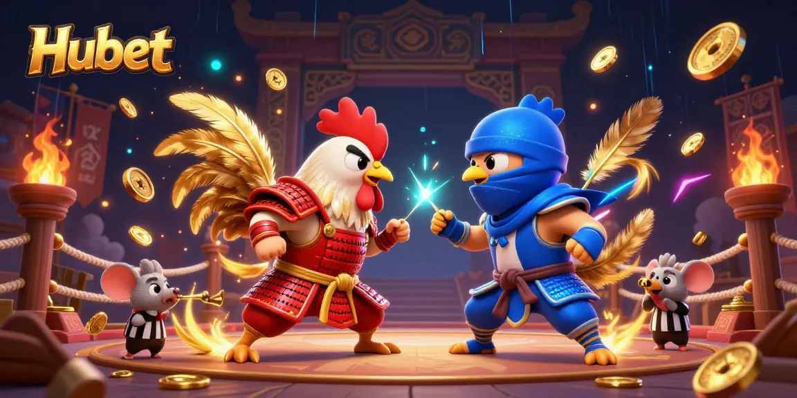 Experience thrilling cockfighting action with Hubet's dynamic illustration of roosters in battle.