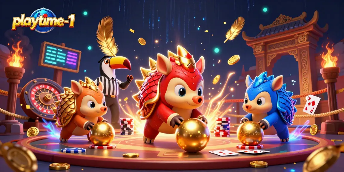 Engage in thrilling gameplay at playtime-1 with colorful pangolins bowling poker chips in a vibrant casino scene.