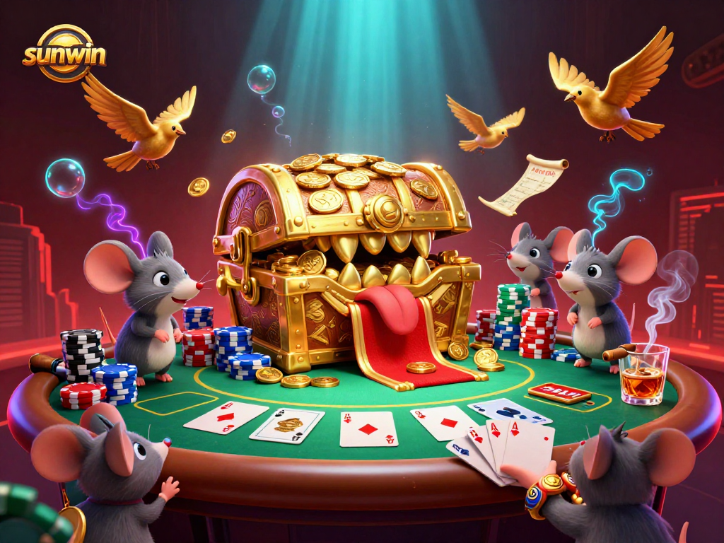 Win big at Sunwin with a captivating 3D casino scene showcasing dynamic poker elements.