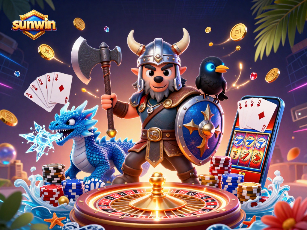 Spin to win with sunwin in this vibrant 3D cartoon casino scene featuring a Viking warrior and dragon.