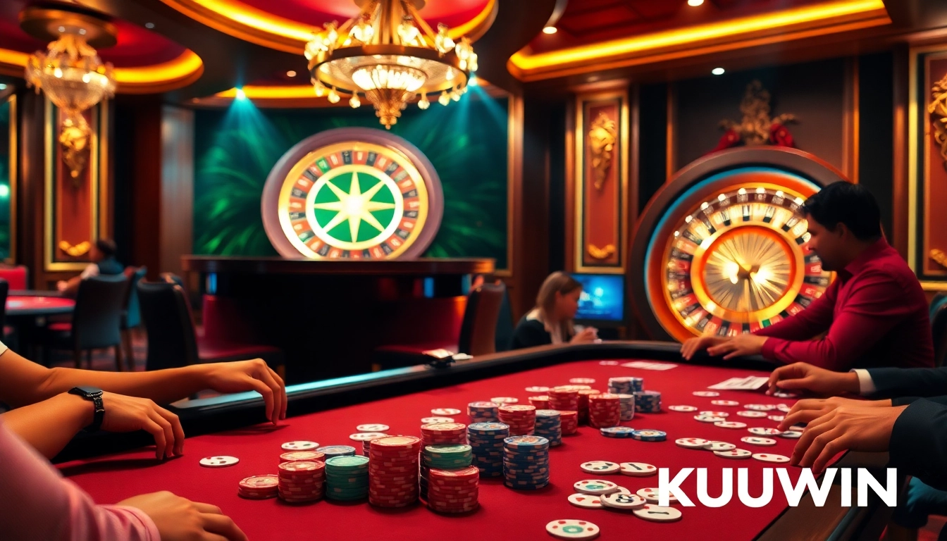 KUWIN poker table scene with players enjoying the thrill of gambling and vibrant casino ambiance.