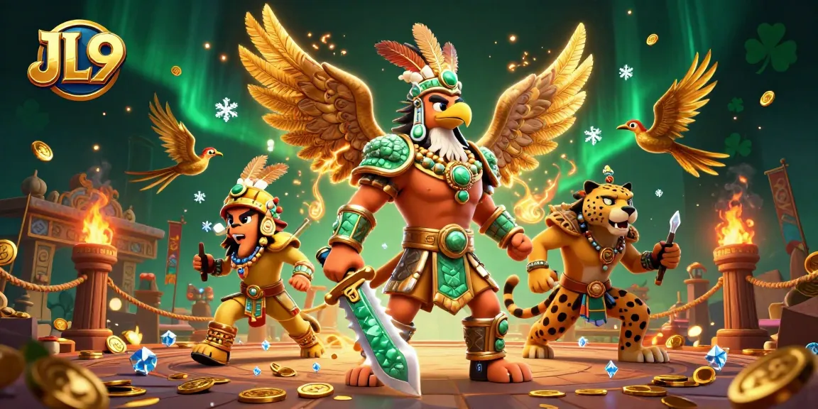 Engage with the adventurous JL9 Aztec warriors amidst a vibrant gambling arena filled with gold tokens and thrilling action.