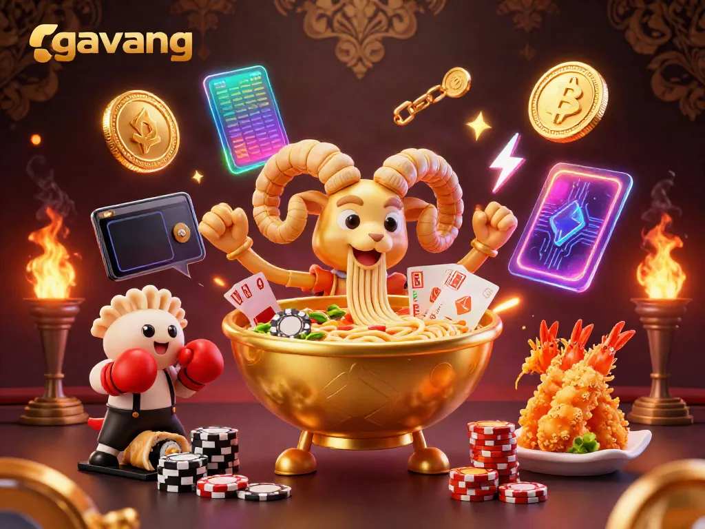 Experience dynamic gambling action with exquisite golden ramen bowl and crypto elements themed around gavang.
