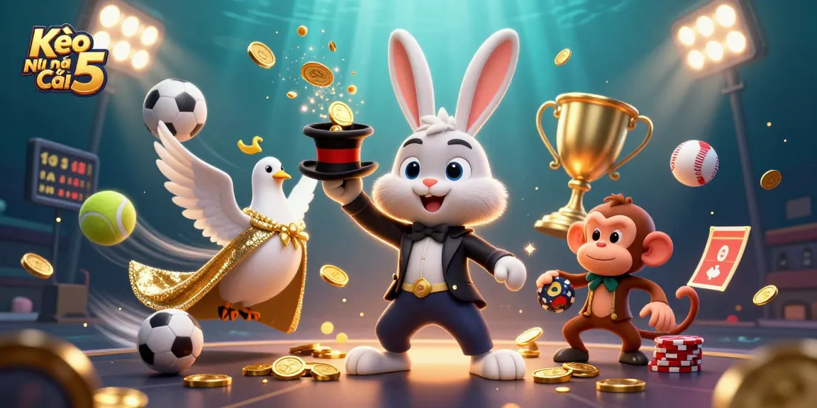 Kèo Nhà Cái 5 shows excitement with a magician rabbit, dove, and monkey in a lively sports betting scene.