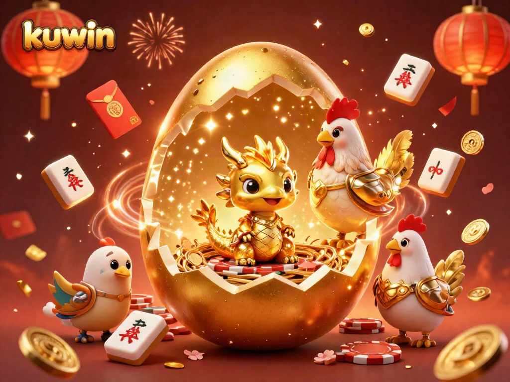 Kuwin reveals rich rewards in a vibrant, celebratory 3D casino scene with golden dragon and poker chips.